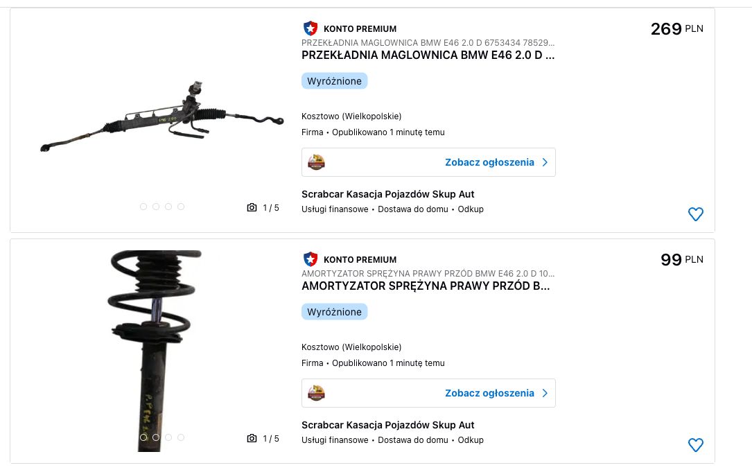OtoMoto Części — kafle ogłoszeń